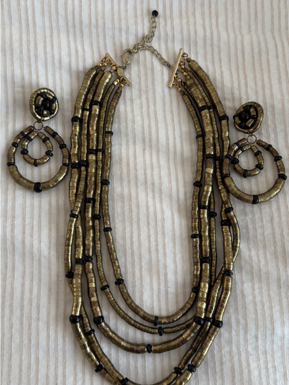 Chico's Gold and Black Beaded Multi-Strand Necklace with Hoop Earrings